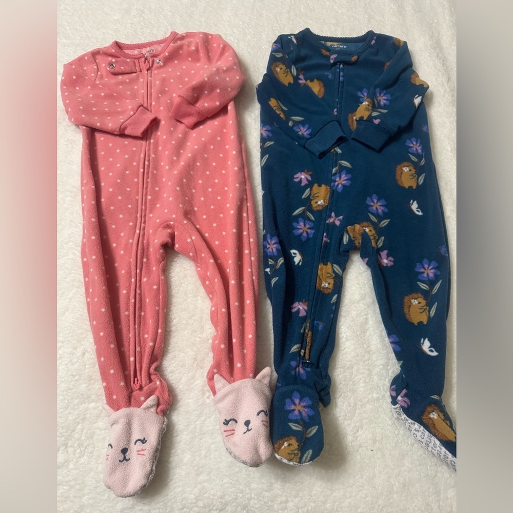 Carter's Fleece Sleepers Pink Dot & Navy Floral Sloth Footed One-Piece Set of 2